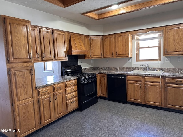 kitchen featuring sink, premium range hood, and black appliances