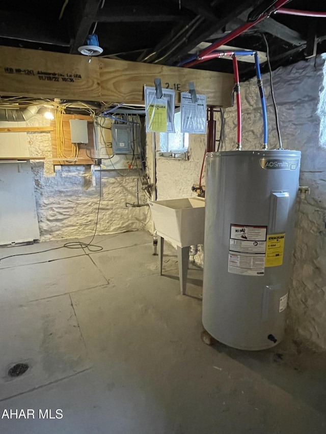 utility room featuring electric panel, water heater, and sink