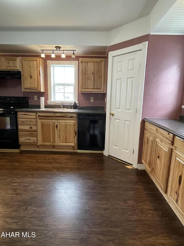 kitchen with black appliances, dark hardwood / wood-style floors, sink, and range hood