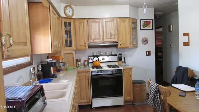 kitchen with gas range oven, light countertops, glass insert cabinets, a sink, and under cabinet range hood