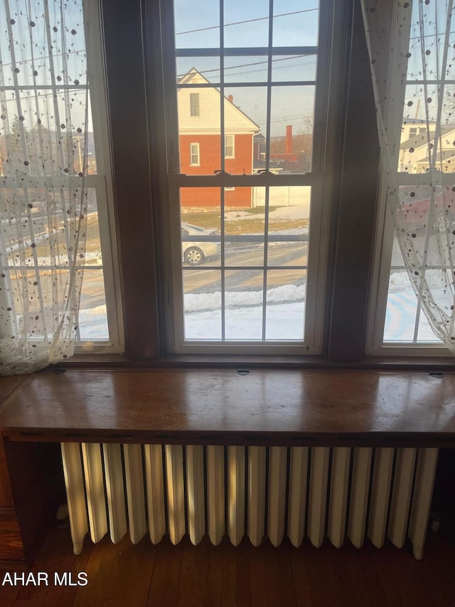 interior details with hardwood / wood-style floors and radiator heating unit