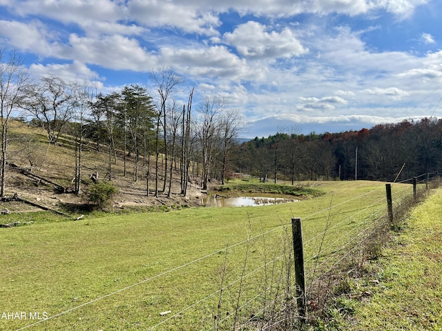 view of yard with a water view and a rural view