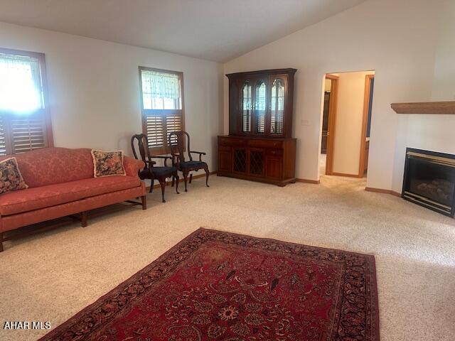 116 Estate Dr, Duncansville, PA 16635 - living room with carpet floors, vaulted ceiling, and a glass covered fireplace
