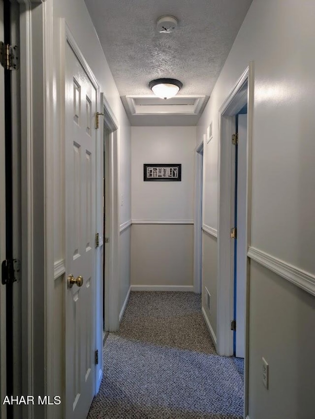 hallway featuring carpet floors and a textured ceiling