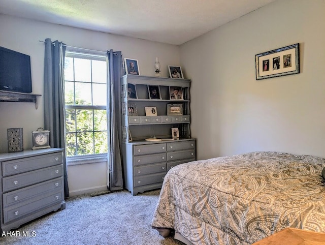 bedroom featuring light carpet