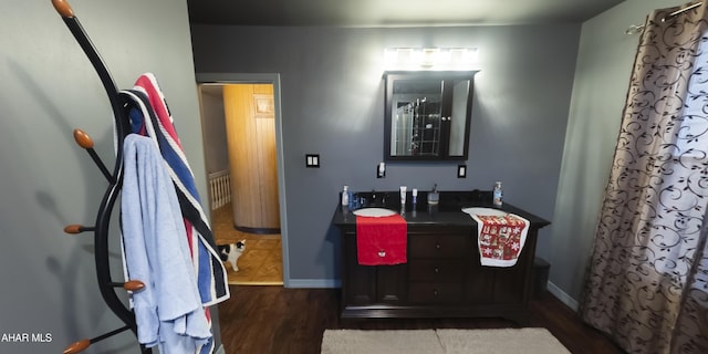 bathroom with hardwood / wood-style floors and vanity