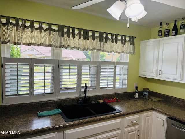 kitchen featuring white cabinets, stainless steel dishwasher, and sink