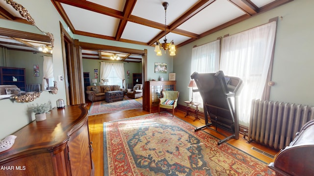 living room featuring beam ceiling, radiator, coffered ceiling, an inviting chandelier, and hardwood / wood-style floors