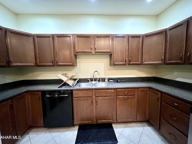 kitchen featuring sink, light tile patterned flooring, and black dishwasher