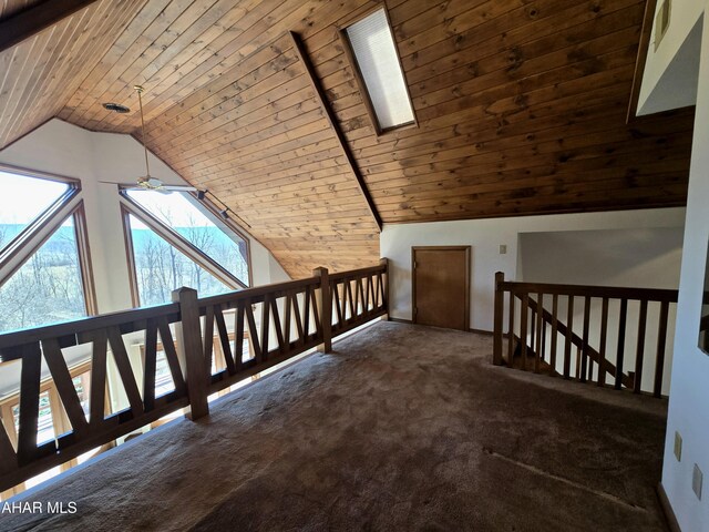 116 Scenic Knoll Dr, Hollidaysburg, PA 16648 - additional living space with carpet, a ceiling fan, vaulted ceiling, and wooden ceiling