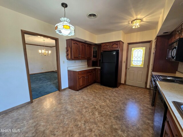 116 Scenic Knoll Dr, Hollidaysburg, PA 16648 - kitchen featuring black appliances, baseboards, visible vents, pendant lighting, and a notable chandelier
