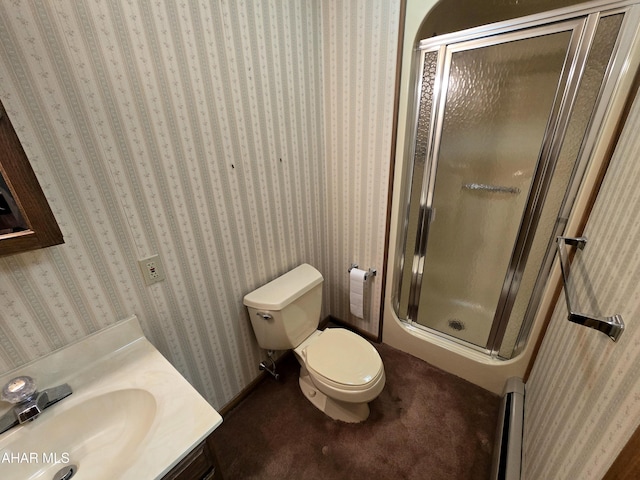 116 Scenic Knoll Dr, Hollidaysburg, PA 16648 - full bathroom with a baseboard heating unit, a shower stall, vanity, toilet, and wallpapered walls