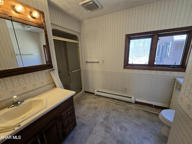 116 Scenic Knoll Dr, Hollidaysburg, PA 16648 - full bathroom featuring a stall shower, vanity, wallpapered walls, and a baseboard heating unit