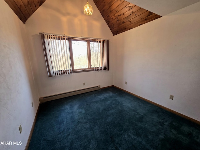 116 Scenic Knoll Dr, Hollidaysburg, PA 16648 - spare room with a baseboard heating unit, dark carpet, baseboards, wood ceiling, and lofted ceiling