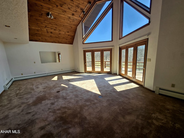 116 Scenic Knoll Dr, Hollidaysburg, PA 16648 - carpeted empty room with high vaulted ceiling, a baseboard heating unit, french doors, and wood ceiling