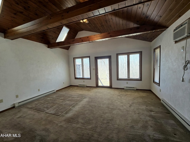 116 Scenic Knoll Dr, Hollidaysburg, PA 16648 - carpeted empty room with wooden ceiling, vaulted ceiling with beams, a baseboard heating unit, and an AC wall unit