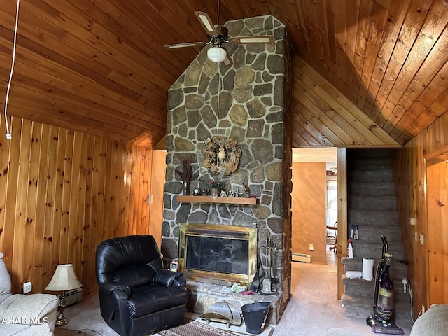 carpeted living room with wooden ceiling, high vaulted ceiling, wooden walls, ceiling fan, and a fireplace