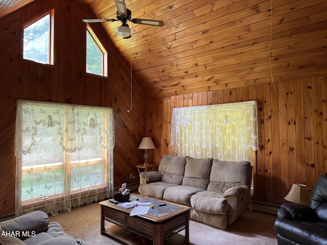 living room with lofted ceiling, wooden ceiling, and wooden walls