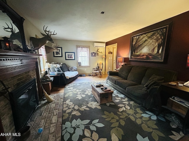 217 Good Shepherd Rd, Altoona, PA 16601 - living room with a glass covered fireplace, wood finished floors, and a wall unit AC