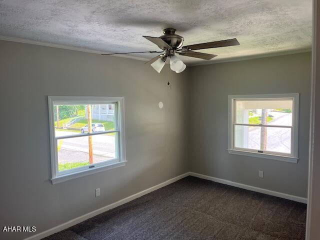 208 W 5th Ave, Everett, PA 15537 - unfurnished room with healthy amount of natural light, a textured ceiling, dark colored carpet, and a ceiling fan