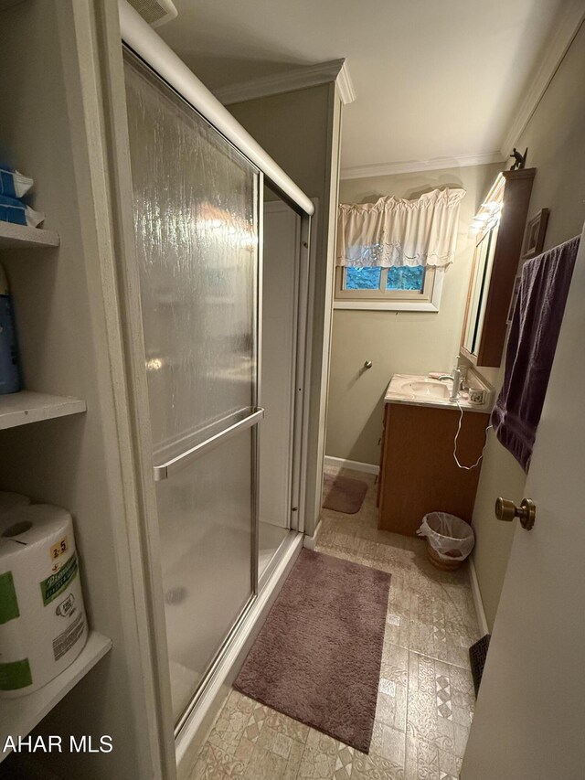 4815 6th Ave, Altoona, PA 16602 - bathroom featuring vanity, ornamental molding, and a stall shower