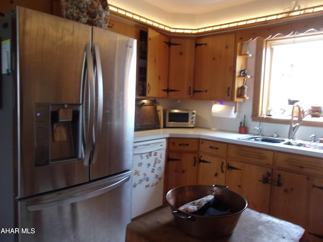 3752 Main Rd, Bedford, PA 15522 - kitchen featuring stainless steel refrigerator with ice dispenser, light countertops, open shelves, and dishwasher