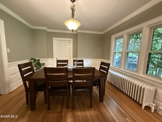 5 Log Cabin Ct, Altoona, PA 16602 - dining room featuring radiator heating unit, wood finished floors, a decorative wall, crown molding, and wainscoting
