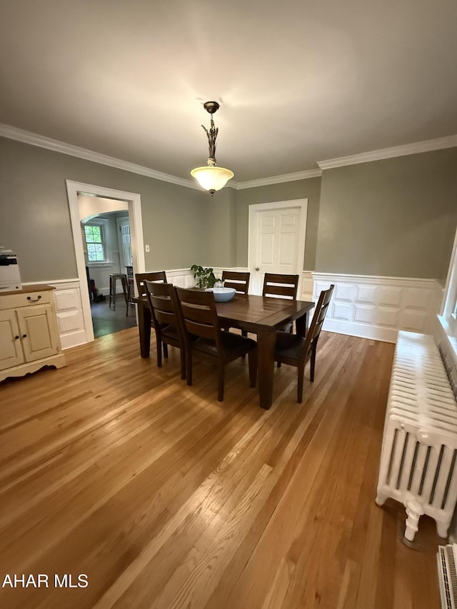 5 Log Cabin Ct, Altoona, PA 16602 - dining room with crown molding, light wood-type flooring, wainscoting, a decorative wall, and radiator