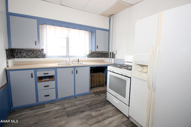 kitchen with dark hardwood / wood-style flooring, radiator, white appliances, blue cabinets, and sink