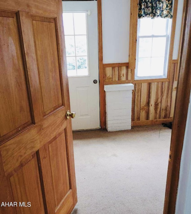 doorway to outside featuring wooden walls and light colored carpet