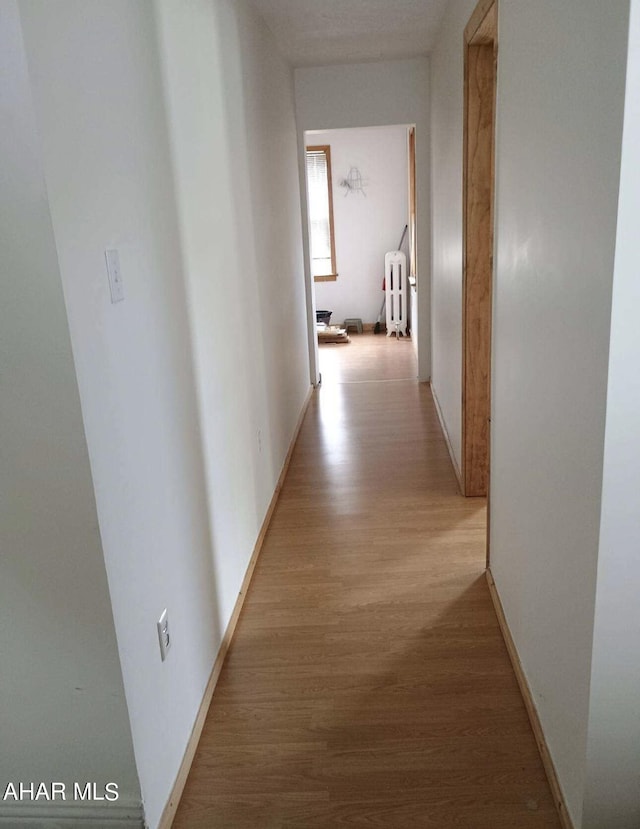 hallway with light hardwood / wood-style floors and radiator