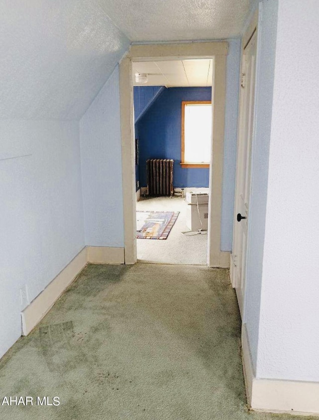 additional living space featuring vaulted ceiling, radiator heating unit, carpet, and a textured ceiling