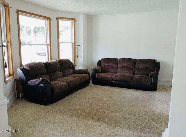 living room featuring a textured ceiling and carpet floors