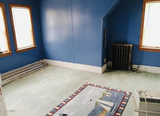 additional living space with carpet flooring, radiator, and a wealth of natural light