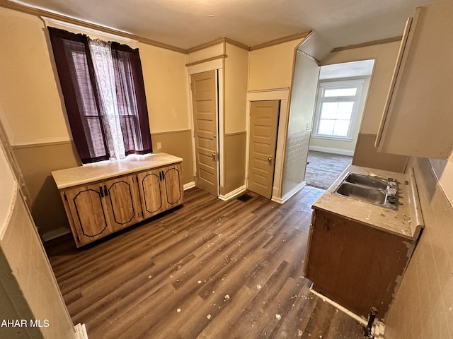 2013 7th Ave, Altoona, PA 16602 - kitchen with dark wood-style flooring, ornamental molding, and light countertops