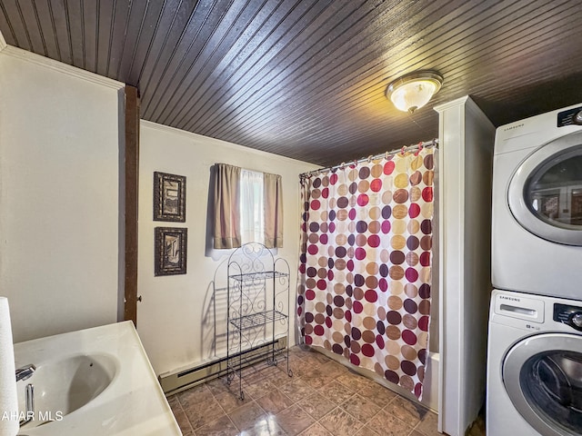 laundry room featuring wooden ceiling, stacked washing maching and dryer, sink, and a baseboard heating unit