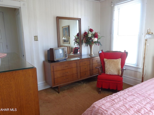 bedroom with dark carpet