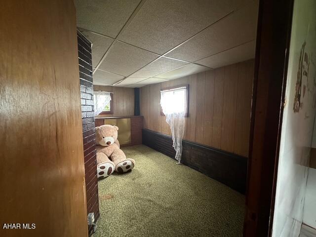 600 N 6th Ave, Altoona, PA 16601 - unfurnished bedroom with a paneled ceiling, multiple windows, wood walls, and carpet