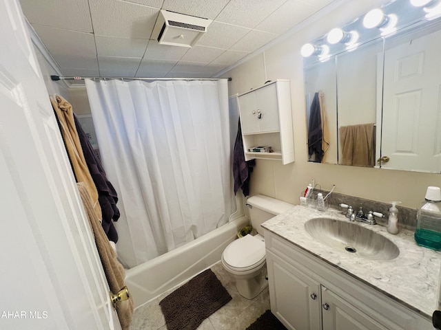 full bathroom with tile patterned floors, vanity, toilet, and shower / tub combo with curtain