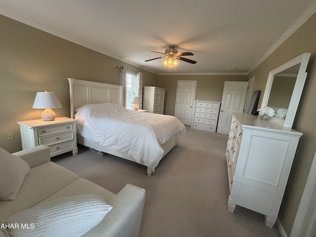 215 Red Fox Dr, Duncansville, PA 16635 - bedroom with light colored carpet, ornamental molding, and a ceiling fan