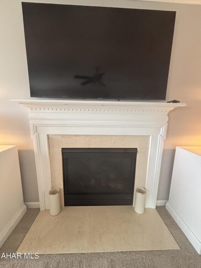 215 Red Fox Dr, Duncansville, PA 16635 - detailed view of a fireplace with flush hearth, carpet, and baseboards