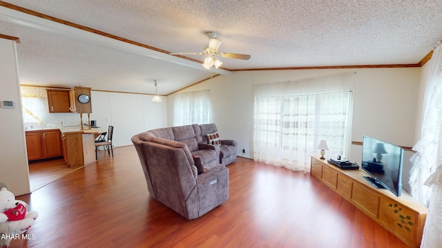 living room featuring dark hardwood / wood-style floors, ornamental molding, a textured ceiling, and vaulted ceiling