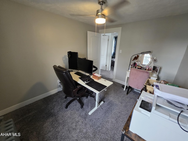 office with baseboards, carpet floors, and a ceiling fan