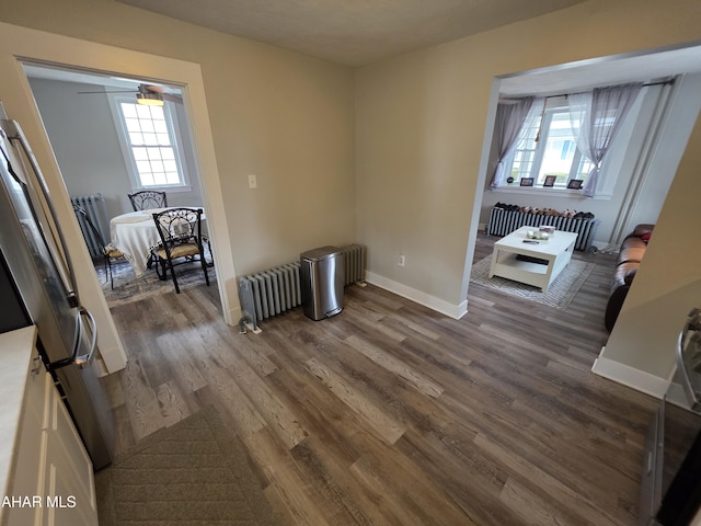 dining room with plenty of natural light, dark wood finished floors, and radiator heating unit