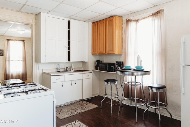 kitchen with plenty of natural light, a drop ceiling, and white appliances