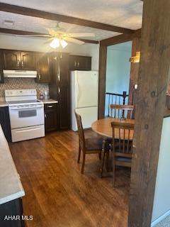 1012 Gray Ln, Duncansville, PA 16635 - kitchen with white appliances, under cabinet range hood, a ceiling fan, light countertops, and beamed ceiling