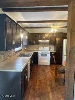 1012 Gray Ln, Duncansville, PA 16635 - kitchen with white electric range, under cabinet range hood, dark wood-style floors, beam ceiling, and light countertops