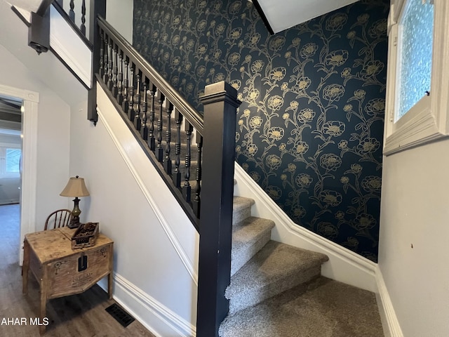 staircase with hardwood / wood-style floors