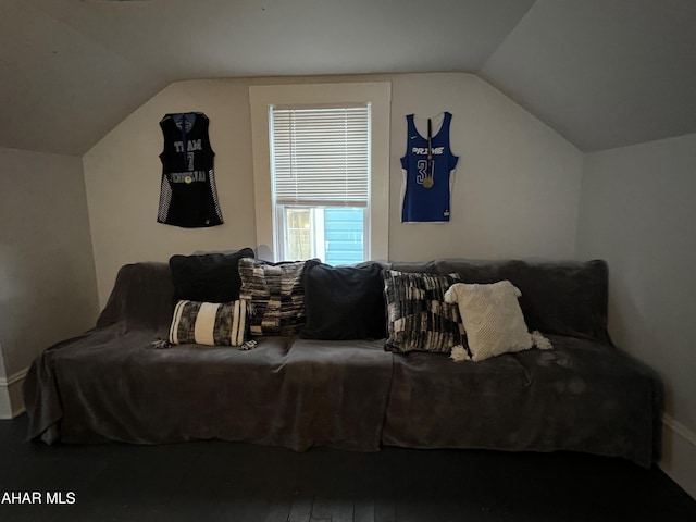 bedroom with hardwood / wood-style floors and vaulted ceiling