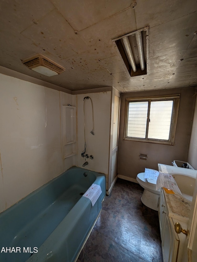 full bathroom with vanity,  shower combination, and toilet